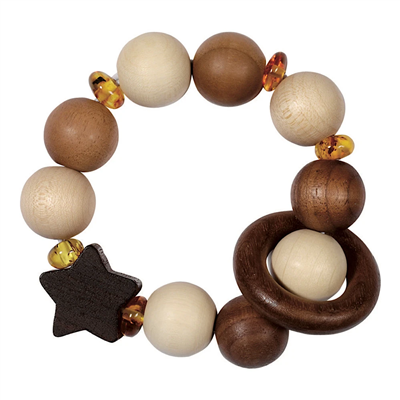 Wooden and amber teething bracelet with various shapes and colors on a white background